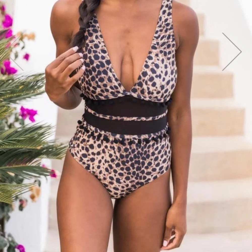 Pink Lily size Medium Leopard Print One Piece Swimsuit Mesh Pom Pom Trim Sexy